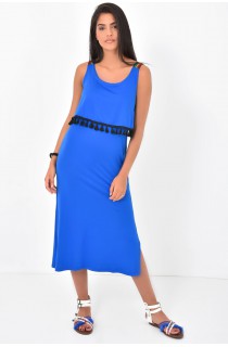 Mavi Gökküşagı Askılı Püsküllü Elbise